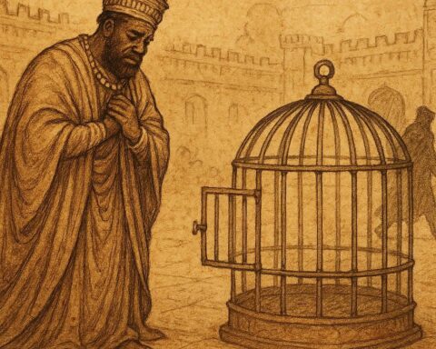 Parchment-style illustration of Efik king mourning the slain ’nsiat bird, earthy tones, African folktale scene.