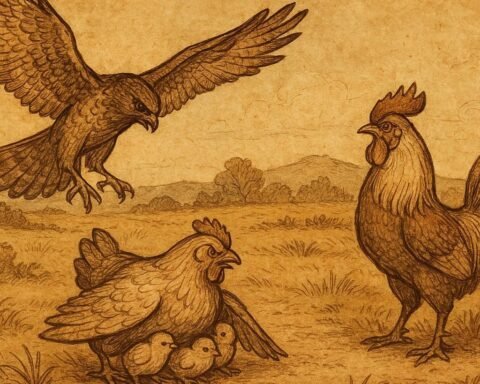 A hawk swooping down toward a hen and her chicks, with the cock standing defensively nearby, symbolizing the African folktale of betrayal and vengeance.
