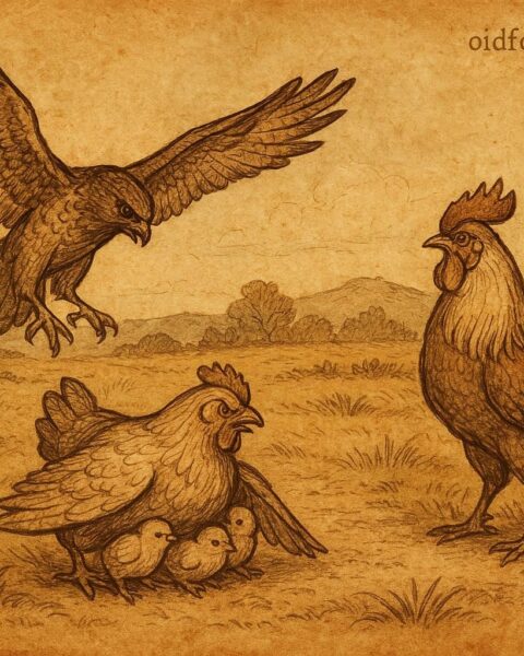 A hawk swooping down toward a hen and her chicks, with the cock standing defensively nearby, symbolizing the African folktale of betrayal and vengeance.