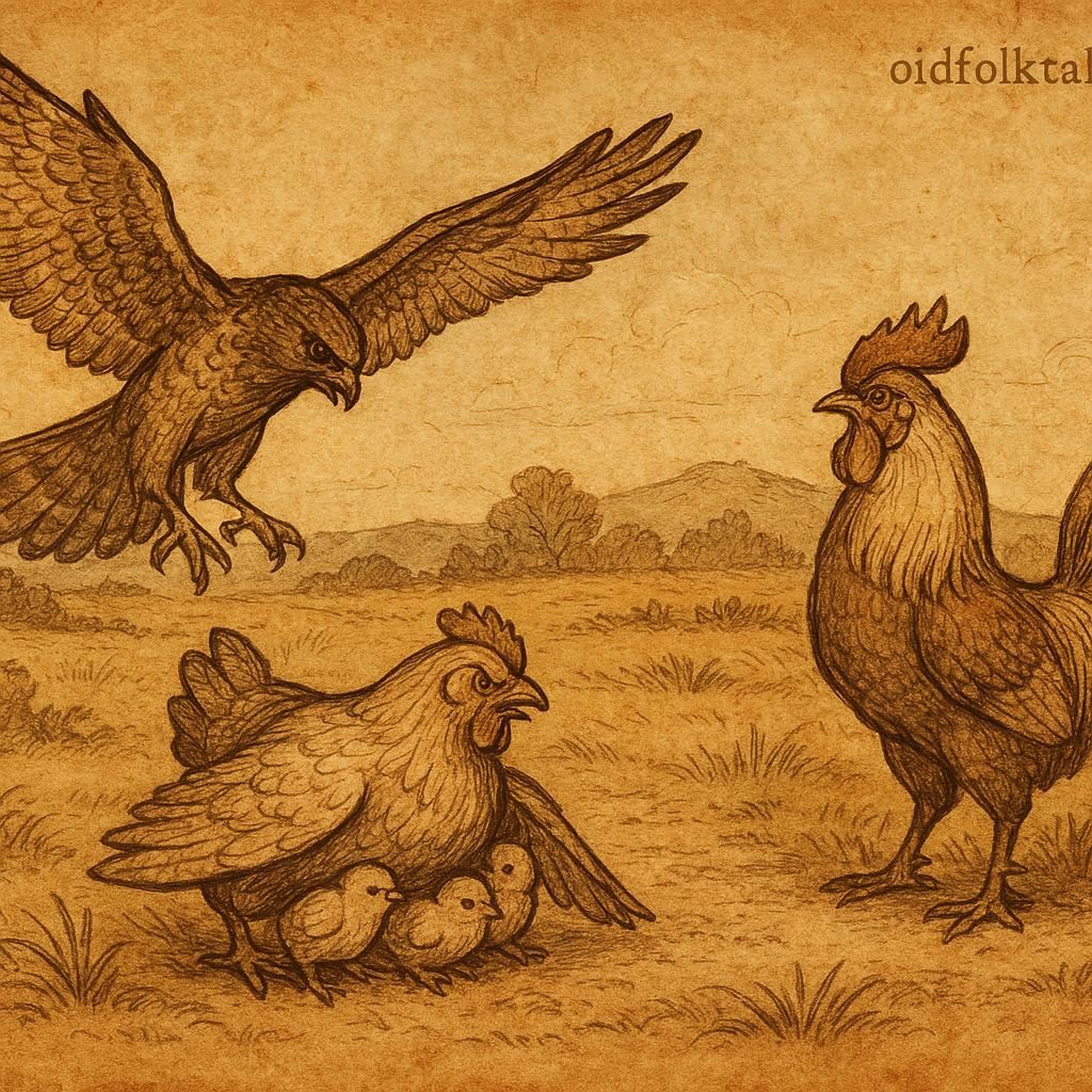 A hawk swooping down toward a hen and her chicks, with the cock standing defensively nearby, symbolizing the African folktale of betrayal and vengeance.