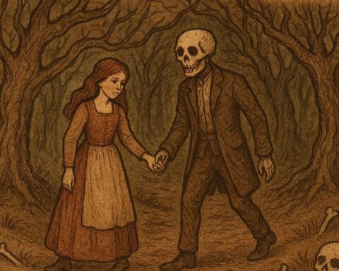 Parchment-style illustration of young woman walking with Skull in disguise, Nigerian folktale with moral warning.