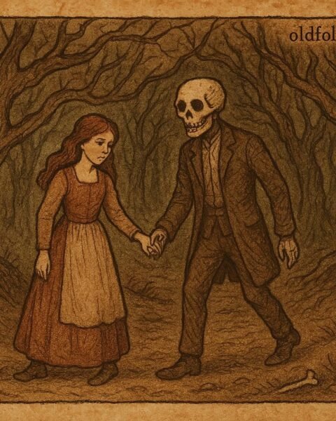 Parchment-style illustration of young woman walking with Skull in disguise, Nigerian folktale with moral warning.