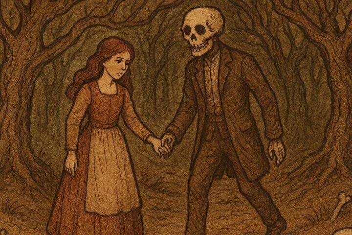 Parchment-style illustration of young woman walking with Skull in disguise, Nigerian folktale with moral warning.