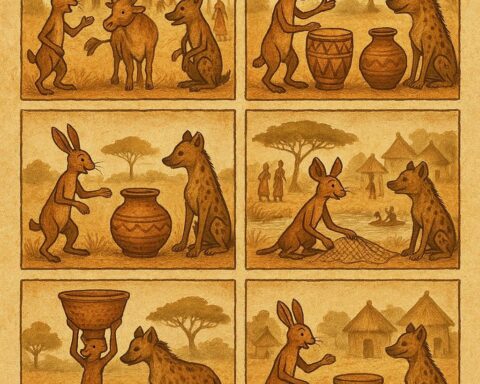 Alt Text: Parchment-style illustration of the hare outsmarting the hyena in six Senegalese folktales about greed and haste.