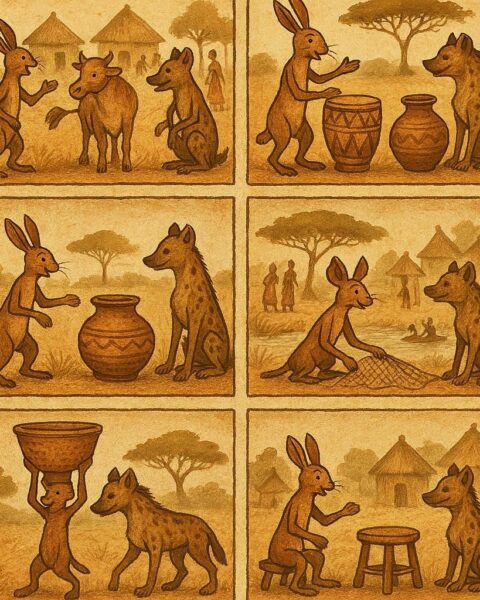 Alt Text: Parchment-style illustration of the hare outsmarting the hyena in six Senegalese folktales about greed and haste.