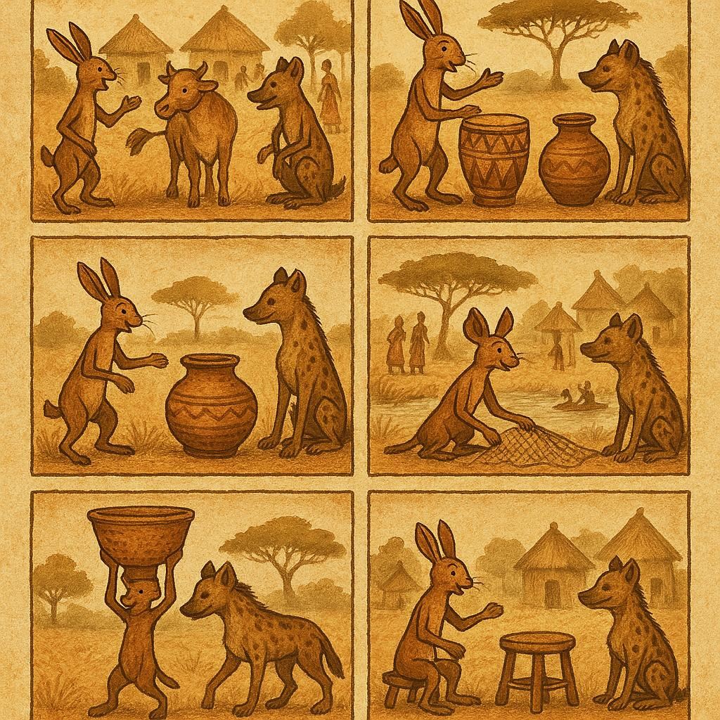 Alt Text: Parchment-style illustration of the hare outsmarting the hyena in six Senegalese folktales about greed and haste.