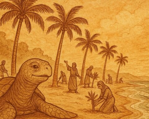 Parchment-style illustration of sea-turtle beating its breast on sandy coast, with palms, villagers, African folktale.