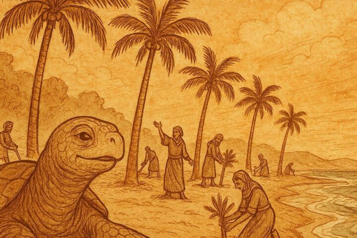 Parchment-style illustration of sea-turtle beating its breast on sandy coast, with palms, villagers, African folktale.