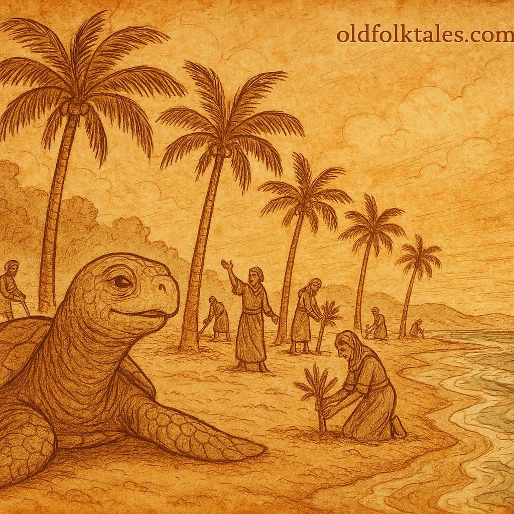 Parchment-style illustration of sea-turtle beating its breast on sandy coast, with palms, villagers, African folktale.