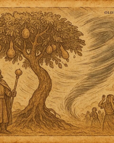 Parchment-style African folktale illustration showing proud king under magical juju tree as whirlwind rises in the village.