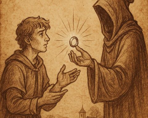 Hamadou receiving a glowing silver ring from a mystical figure – Wolof folktale from Senegal.
