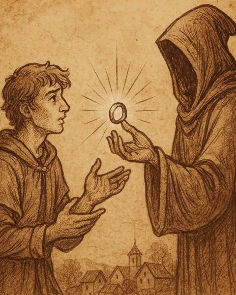 Hamadou receiving a glowing silver ring from a mystical figure – Wolof folktale from Senegal.