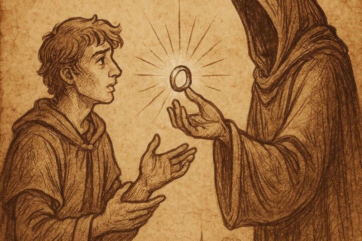 Hamadou receiving a glowing silver ring from a mystical figure – Wolof folktale from Senegal.