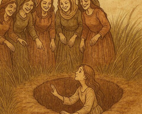 Parchment-style illustration of a pretty girl tricked into a pit by seven jealous women in an African folktale.