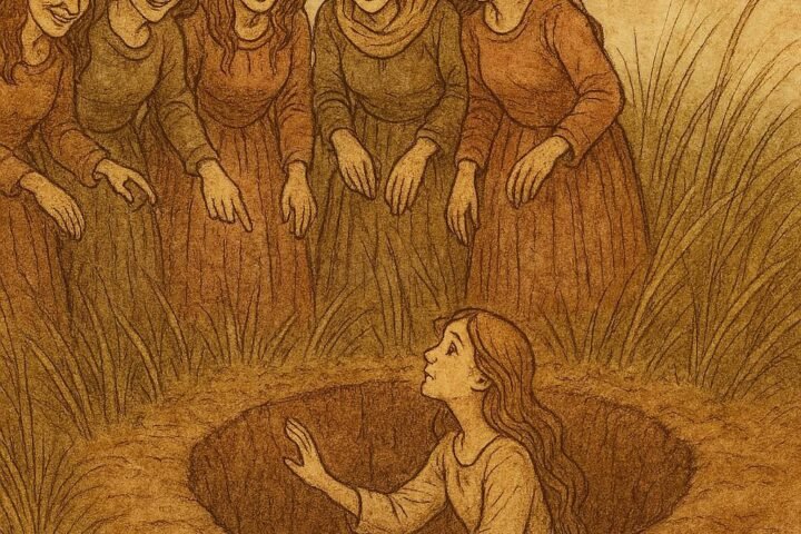 Parchment-style illustration of a pretty girl tricked into a pit by seven jealous women in an African folktale.