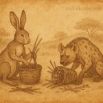 Parchment-style illustration of hare and hyena in Senegalese folktale, teaching wisdom and patience.