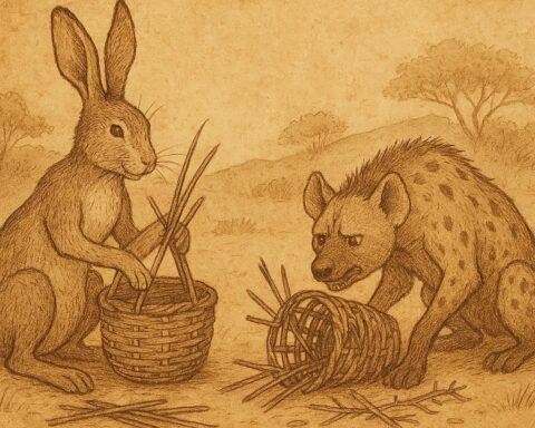 Parchment-style illustration of hare and hyena in Senegalese folktale, teaching wisdom and patience.