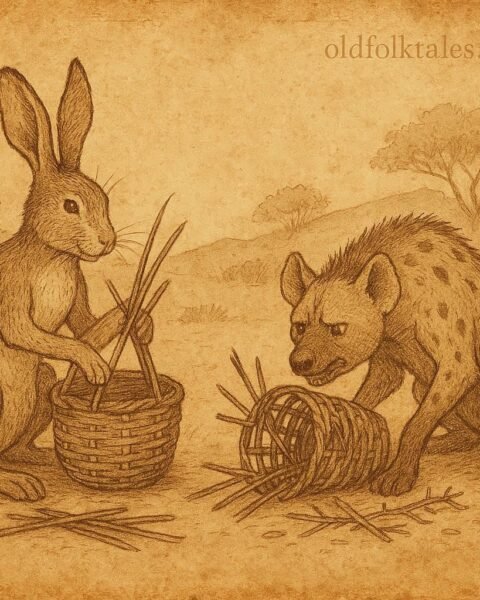 Parchment-style illustration of hare and hyena in Senegalese folktale, teaching wisdom and patience.