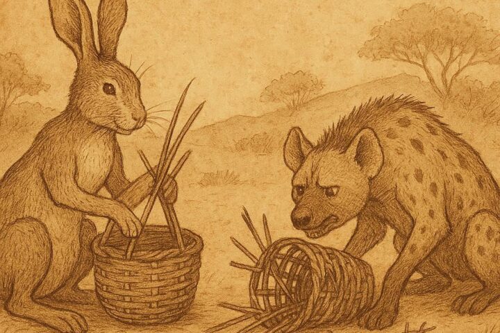Parchment-style illustration of hare and hyena in Senegalese folktale, teaching wisdom and patience.