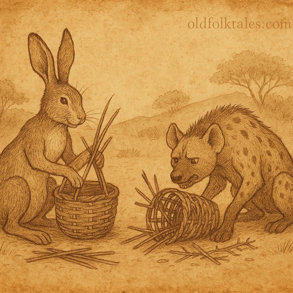 Parchment-style illustration of hare and hyena in Senegalese folktale, teaching wisdom and patience.