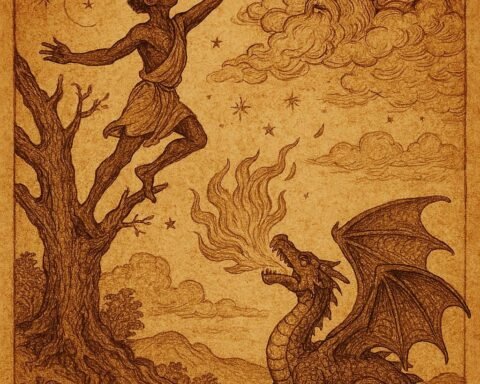Parchment-style illustration of Kweku Tsin rising as the Moon, with dragon below, Ashanti folktale origin.