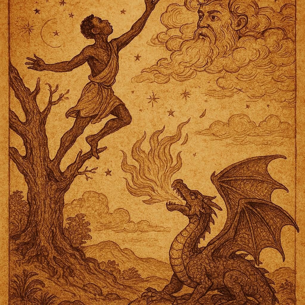 Why the Moon and the Stars Receive Their Light from the Sun – OldFolktales.com | FolktalesAfrica.com Parchment-style illustration of Kweku Tsin rising as the Moon, with dragon below, Ashanti folktale origin.