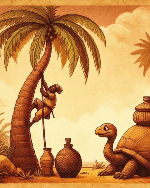 Traditional Yoruba folktale illustration of the palm wine tapper and the trickster tortoise story from West Africa