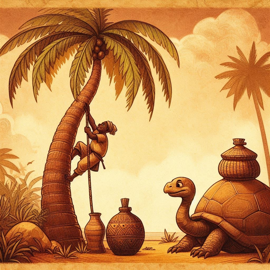 Traditional Yoruba folktale illustration of the palm wine tapper and the trickster tortoise story from West Africa