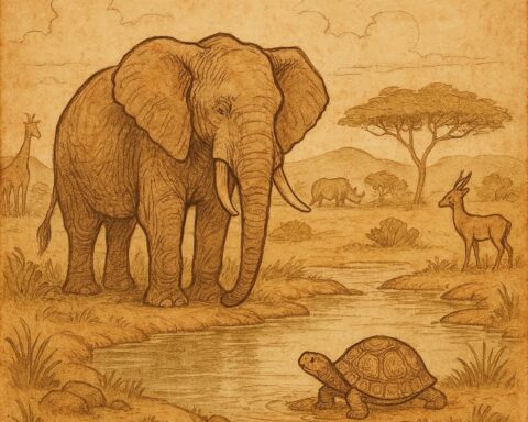 Parchment-style illustration of elephant and tortoise at lagoon, Southern African Khoikhoi folktale scene.