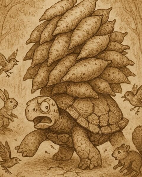 A clever tortoise carrying a huge pile of yams on his back as his shell begins to crack, while birds and forest animals scatter in surprise – Igbo folktales