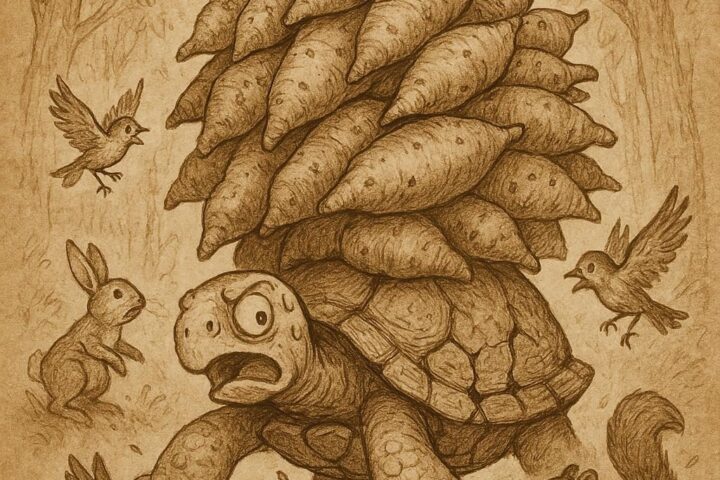 A clever tortoise carrying a huge pile of yams on his back as his shell begins to crack, while birds and forest animals scatter in surprise – Igbo folktales