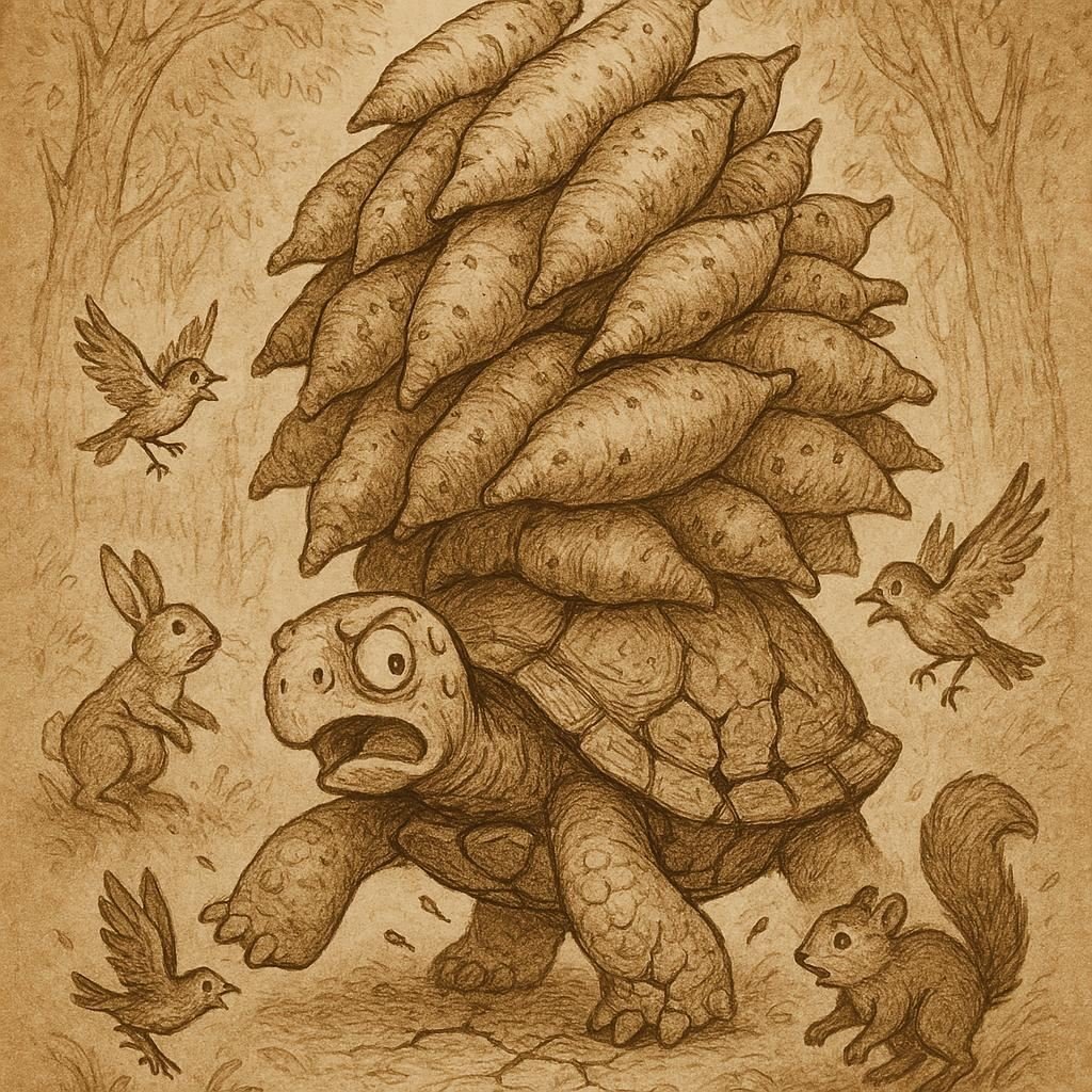 How the Tortoise Broke His Shell – Tortoise Struggling Under Cracking Shell | FolktalesAfrica.com A clever tortoise carrying a huge pile of yams on his back as his shell begins to crack, while birds and forest animals scatter in surprise – Igbo folktales