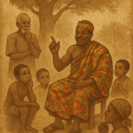 Omanhene seated on a wooden stool, surrounded by villagers, as he poses a riddle – Wolof folktales.