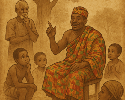 Omanhene seated on a wooden stool, surrounded by villagers, as he poses a riddle – Wolof folktales.