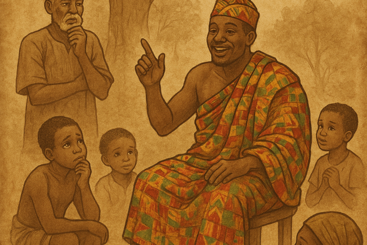 Omanhene seated on a wooden stool, surrounded by villagers, as he poses a riddle – Wolof folktales.
