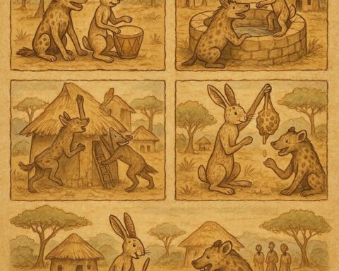 Parchment-style illustration of Senegalese hare and hyena in savannah adventures, clever and greedy.