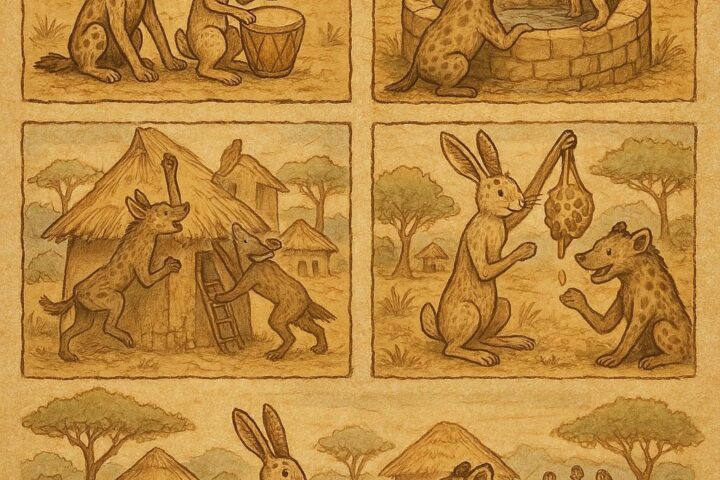 Parchment-style illustration of Senegalese hare and hyena in savannah adventures, clever and greedy.