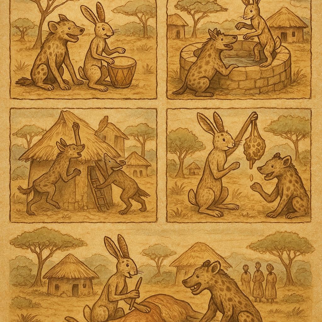 Parchment-style illustration of Senegalese hare and hyena in savannah adventures, clever and greedy.