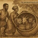 Effiong tricks Leopard, Goat, Bush Cat, and Cock by trapping them in a clay pot, Nigerian folktale scene.