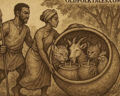 Effiong tricks Leopard, Goat, Bush Cat, and Cock by trapping them in a clay pot, Nigerian folktale scene.