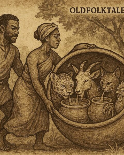 Effiong tricks Leopard, Goat, Bush Cat, and Cock by trapping them in a clay pot, Nigerian folktale scene.