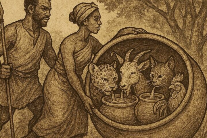 Effiong tricks Leopard, Goat, Bush Cat, and Cock by trapping them in a clay pot, Nigerian folktale scene.