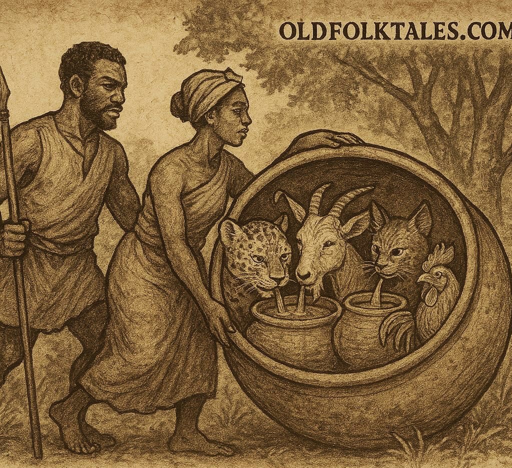 Effiong tricks Leopard, Goat, Bush Cat, and Cock by trapping them in a clay pot, Nigerian folktale scene.