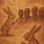 The Moon strikes the Hare, splitting his lip, after he delivers the wrong message about death – African folktale