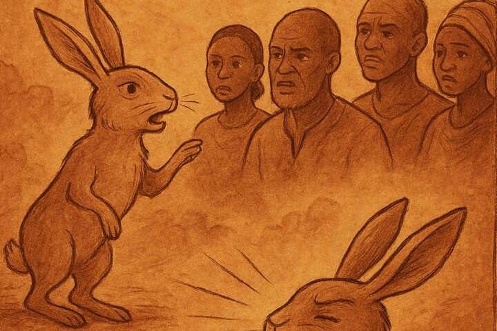 The Moon strikes the Hare, splitting his lip, after he delivers the wrong message about death – African folktale