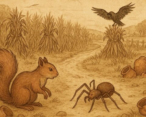 Parchment-style illustration of Squirrel and Spider disputing over a farm, Ashanti folktale from Ghana.