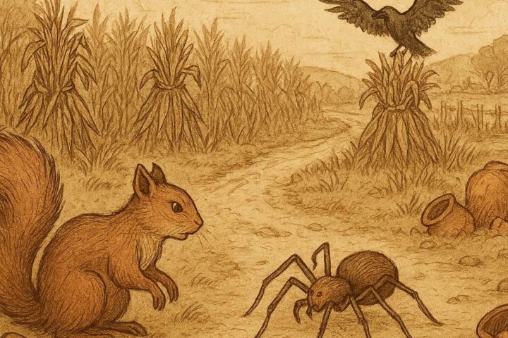 Parchment-style illustration of Squirrel and Spider disputing over a farm, Ashanti folktale from Ghana.