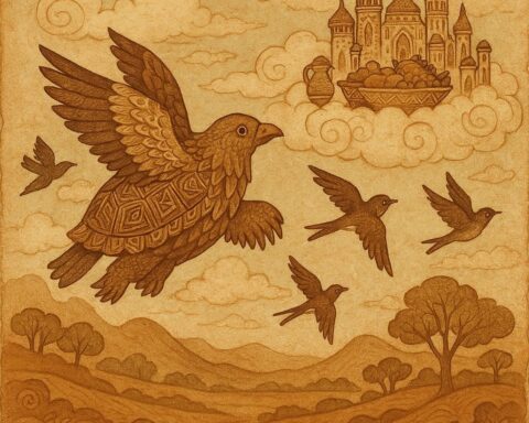Tortoise falling from the sky after tricking the birds at a heavenly feast in an Igbo folktale about greed and downfall.