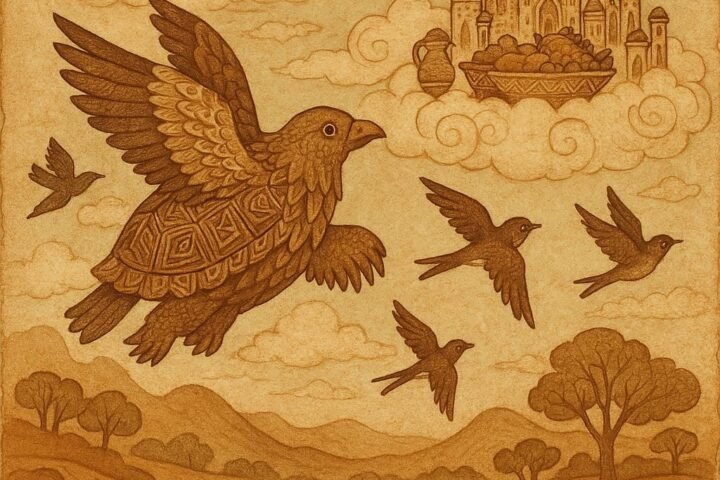 Tortoise falling from the sky after tricking the birds at a heavenly feast in an Igbo folktale about greed and downfall.