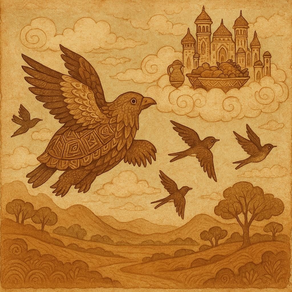 Tortoise falling from the sky after tricking the birds at a heavenly feast in an Igbo folktale about greed and downfall.